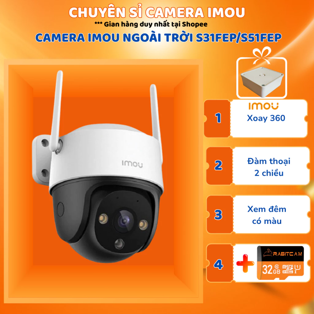 Camera Wifi Imou ngoài trời S31FEP S51FEP 5MP, chống mưa nước, xem đêm có màu Hàng chính hãng BH 2 năm