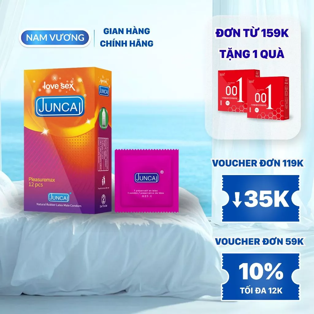 Hộp 12 bcs, Bao cao su gân gai JUNCAI Pleasuremax kéo dài quan hệ, siêu mỏng 001.g, gân gai