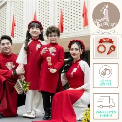 Áo dài tết gia đình màu đỏ phối tay trắng may mắn Thuyền Quyên áo dài truyền thống cách tân - AD002