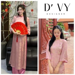 Áo Dài Cách Tân Gấm "Hoa Viên" Màu Hồng Dáng Suông Phối Viền Cổ Viền Tay Hàng May sẵn