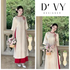 Áo Dài Gấm Xuông " Mộc Trà " Phối Nơ Cúc tết Cổ Điểm Nhấn cao cấp - Áo Dài Phương Vy