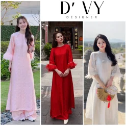 Áo Dài Gấm Dáng Suông Tay Loe Đính Lông Vũ vải Gấm - Áo Dài Phương Vy