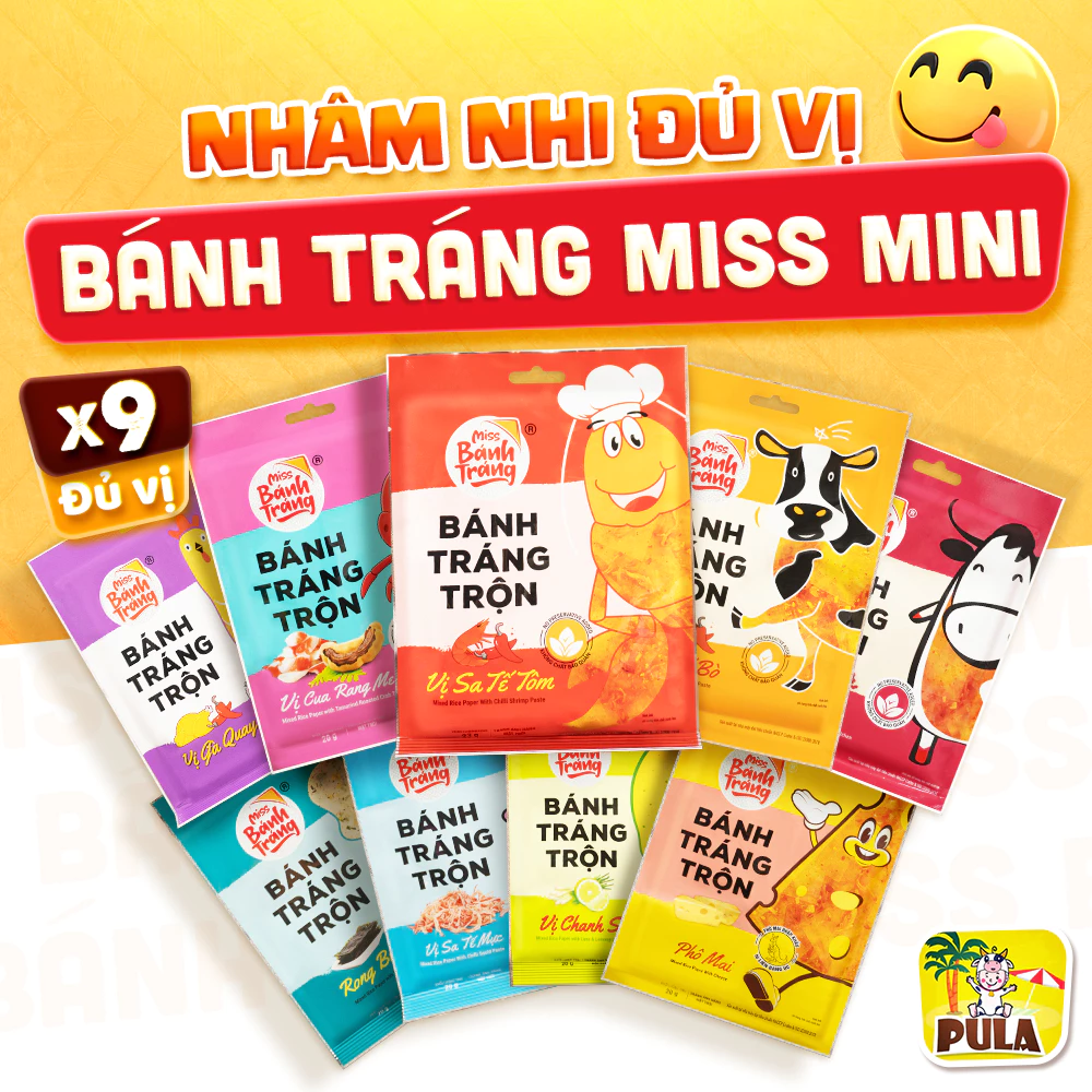 Giảm 40% | MISS MINI 9 vị | Bánh Tráng Miss Mini Tiệm nhà Pula | Bánh Tráng Trộn Gói 20-23 Gram Đủ Vị | Ngon Dễ Nghiện