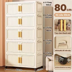 Tủ Nhựa Gấp Gọn Không Cần Lắp Đặt, Chống Ẩm Bánh xe cực lớn 80cm, tiết kiệm không gian, sản phẩm phổ biến