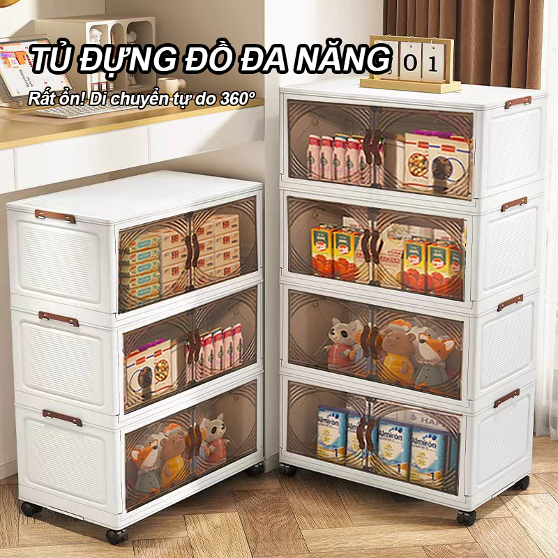 Tủ Nhựa Gấp Gọn, Tủ Đựng Đồ Đa Năng Kích Thước Lớn, Cửa Trong Suốt, Có Bánh Xe Tiện Lợi