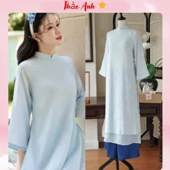 [ Áo Dài Tết 2026] Áo Dài Mộc An Xanh Dương Tơ In Hoa Chìm From Suông Tay Lỡ Hàng May Sẵn ADTA062