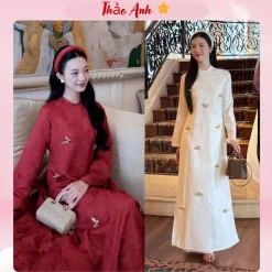 [ Áo Dài Tết 2026] Áo Dài Lam Yên Cách Tân 2 Tà Gấm Châu Sa In Hoa Nổi Đính Charm Trên Tà Áo ADTA070