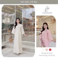 Áo Dài Cách Tân Dáng Suông Yên Hoa 4 Tà, Chất Tơ Thêu Hoa Đào Đính Nơ Tay Lỡ Trẻ Trung - Áo Dài Cô Ba