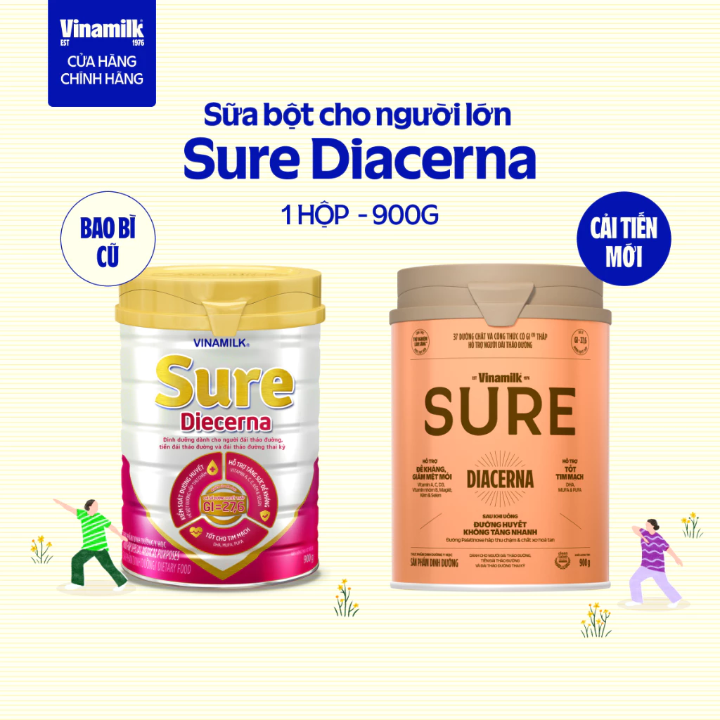 Sữa Bột Vinamilk Sure Diacerna 900g - 37 dưỡng chất với công thức có chỉ số đường huyết thấp