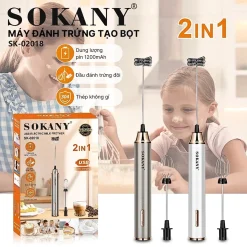 Máy Đánh Bọt Cà Phê, Đánh Trứng Mini SOKANY SK-02018 – Cầm Tay Không Dây, 2in1, Sạc USB Tiện Lợi