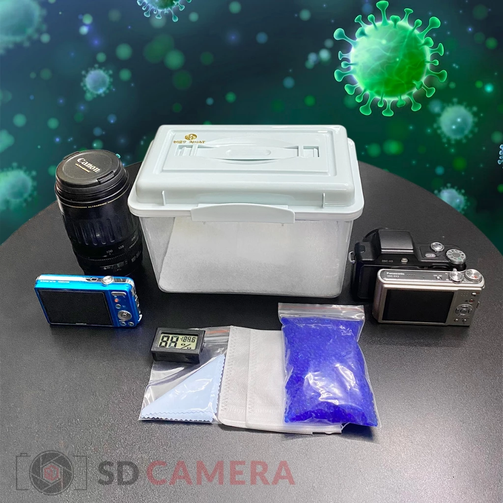 Hộp Chống Ẩm Cho Máy Ảnh, Ống Kính Nhỏ Gọn Tiện Lợi Khi Đi Du lịch + Hạt Hút Ẩm + Ẩm Kế + Khăn lau lens