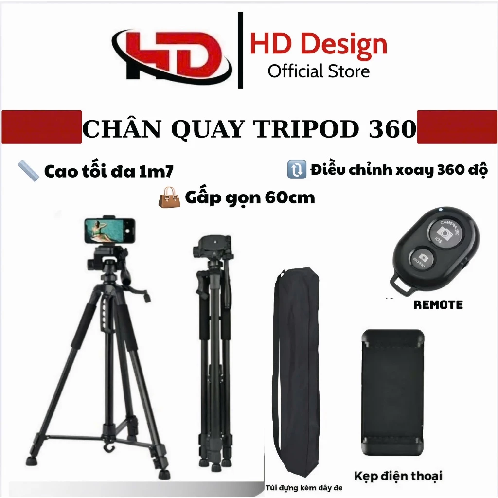 Chân Quay Máy Ảnh Điện Thoại Tripod kim loại 360° Tặng Kèm Remote, túi đeo, kẹp ĐT - Cao cấp - Chính Hãng HD Design