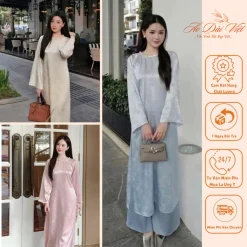 Áo dài cách tân TÂM GIAO dáng suông, chất liệu gấm thanh trúc mềm mướt, cổ áo đính ngọc xinh điệu đà