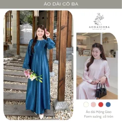 Áo Dài Cách Tân Nữ Dáng Suông Cổ Tròn Mộng Giao Lụa Tráng Gương Mịn, Tay Dài Loe Rộng Sang Trọng, Cổ Kết Ngọc Trai