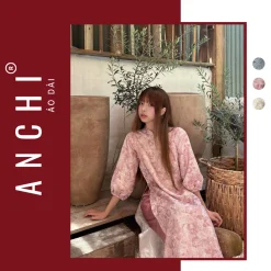 Áo Dài Cách Tân Hồng Giao, Chất Vải Gấm Hoa Dáng Suông Tay Bo Chun Phù Hợp Lễ Tết - Áo Dài ANCHI