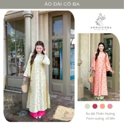 Áo Dài Cách Tân Thiên Hương Dáng Suông Cổ Tròn Liền, Chất Gấm Tằm Cao Cấp Tay Loe Dài Trẻ Trung - Áo Dài Cô Ba