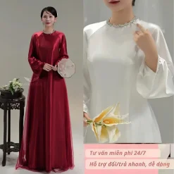 Áo dài lụa ý ( LỤA TRÁNG GƯƠNG) dáng xuông truyền thống cổ tròn đính đá tay dài loe-ÁO DÀI HÓT NĂM NAY