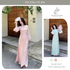 Áo Dài Cách Tân Nữ Tiểu Y Dáng Suông Gấm Tằm Hoa Hồng Tay Áo Loe Dài Viền Tay Cách Điệu - Áo Dài Cô Ba
