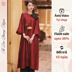 Áo Dài Cách Tân Áo Dài 2 Tà Gấm Xuông Đỏ Đô mặc tết 2025 đẹp - Áo Dài Phương Huyền PH19