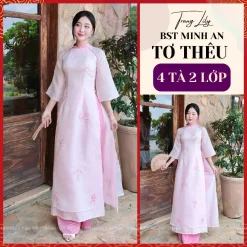 Áo dài Minh An, áo dài cách tân Tết 2026, ôm eo, tay lỡ, cổ cao 2cm, tơ thêu 4 tà -Trang Lily Áo Dài - ADTETVIP05