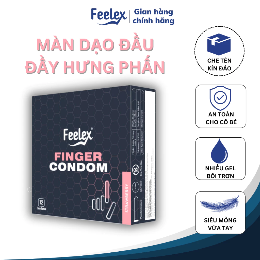 Bao cao su ngón tay Feelex Finger nhiều gel bôi trơn, hương dâu ngọt ngào, an toàn, chân thật - hộp 12 chiếc