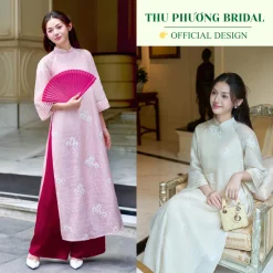 Áo dài cách tân HOA DUNG dáng suông vải tơ thêu hoa chỉ nổi cao cấp thiết kế tay nhún trẻ trung