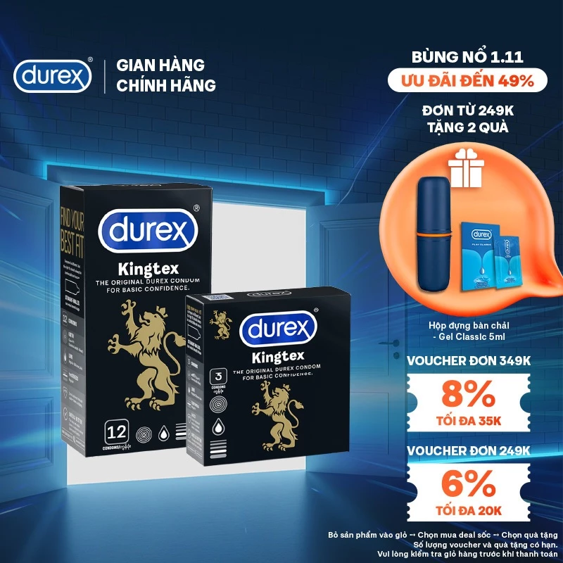 Bộ Durex Kingtex ôm sát, bôi trơn size 49mm, 1 hộp 12 bao và 1 hộp 3 bao