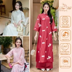 Áo dài cách tân HOA DUNG dáng suông vải tơ thêu hoa nổi nhẹ nhàng mặc đi sự kiện, lễ tết, cưới hỏi