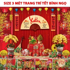 [RỘNG 3M2] Phông nền trang trí tết Bính Ngọ 2026, Tranh vải tết 2026 mừng xuân Bính Ngọ Decor trang trí tết nguyên đán
