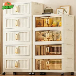 SALOV Tủ lưu trữ gấp đa năng Tủ lưu trữ quần áo bằng nhựa có bánh xe Chất liệu PP cao cấp, không mùi Tủ đựng đồ gấp