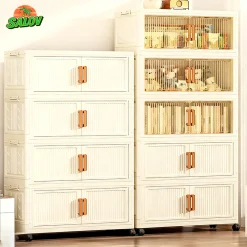 SALOV Tủ nhựa gấp gọn đa năng Tủ quần áo lưu trữ dung tích Tủ lưu trữ nhà bếp có bánh xe Cửa đôi từ tính