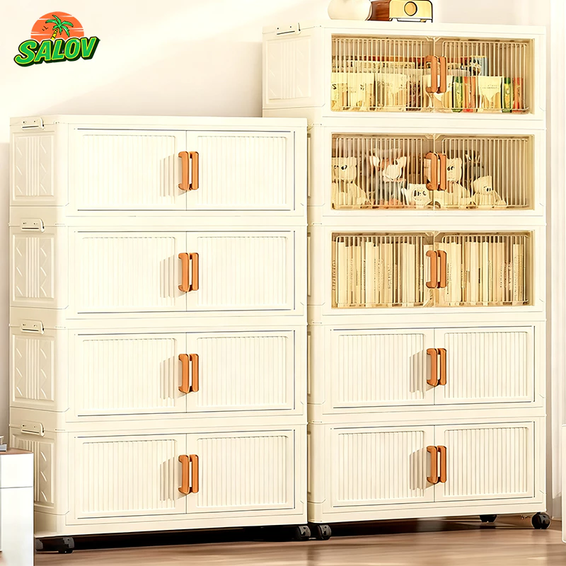 SALOV Tủ nhựa gấp gọn đa năng Tủ quần áo lưu trữ dung tích Tủ lưu trữ nhà bếp có bánh xe Cửa đôi từ tính