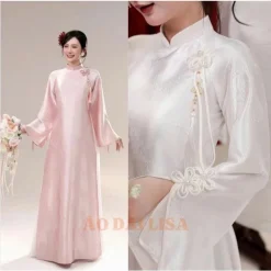 (Gấm Vân Mây) Áo Dài Nữ Truyền Thống Dáng Xuông, Tay Dài Loe Xẻ, Đính Nơ Áo Dài Thời Trang - Mẫu Mới Năm Nay