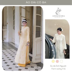 Áo Dài Ánh Nguyệt Dáng Suông 4 Tà Chất Tơ Thêu Hạc Tỉ Mỉ , Kết Ngọc Trai Cách Điệu Tay Lỡ Mặc Lễ Tết Sang - Áo Dài Cô Ba
