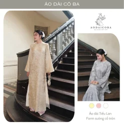 Áo Dài Tiểu Mai Dáng Suông Gấm Ánh Kim Tay Loe Dài Cổ Tròn Đính Ngọc Trai Mặc Lễ Tết , Sự Kiện - Áo Dài Cô Ba