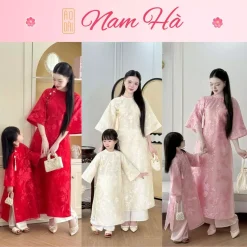 Áo dài Mẹ và Bé Huệ Chi, set 3 màu cực xinh, chất liệu tơ mềm mại, thêu chi tiết và đính kết.