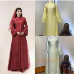 ÁO DÀI TRUYỀN THỐNG DÁNG XUÔNG ( GẤM THIÊN ĐIỆP) TAY DÀI LOE GẤP NẾP ĐÍNH NƠ - ÁO DÀI HÓT NĂM NAY-ÁO DÀI CƯỚI