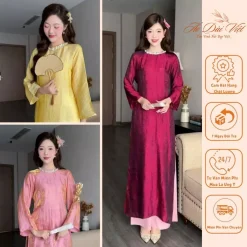 Áo dài cách tân TƯỜNG XUÂN dáng suông cổ đính kết ngọc trai phù hợp mặc đi sự kiện, lễ tết, cưới hỏi