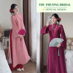 Áo dài cách tân TƯỜNG VY dáng suông 4 tà, tơ lụa ánh kim lót lụa trắng nổi bật mặc đi tiệc, lễ tết