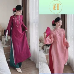 Áo dài TƯỜNG VY cách tân dáng suông 4 tà chất tơ ánh kim lót lụa trắng thướt tha mặc đi tiệc, lễ tết