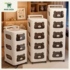 Tủ gấu đa năng, tủ nhựa ngăn kéo cho bé hình gấu có bánh xe, tủ đựng đồ chơi nhiều tầng Nhà Dừa