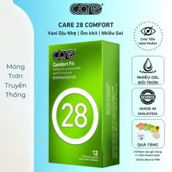 Bao cao su CARE 28 mỏng trơn truyền thống, nhiều gel bôi trơn, kéo dài thời gian,Vani - hộp 12 bcs