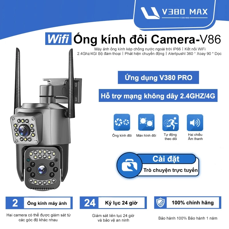 CCTV Camera V380 Max V86 Kết nối WiFi 360 độ Trong nhà và ngoài trời an ninh IP ống kính kép HD Ống kính đôi