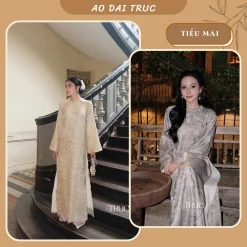 Áo dài Tết cách tân nữ Tiểu Mai dáng suông cổ tròn gấm Châu Sa đính đá, tay dài mặc sang trọng - Áo dài Trúc