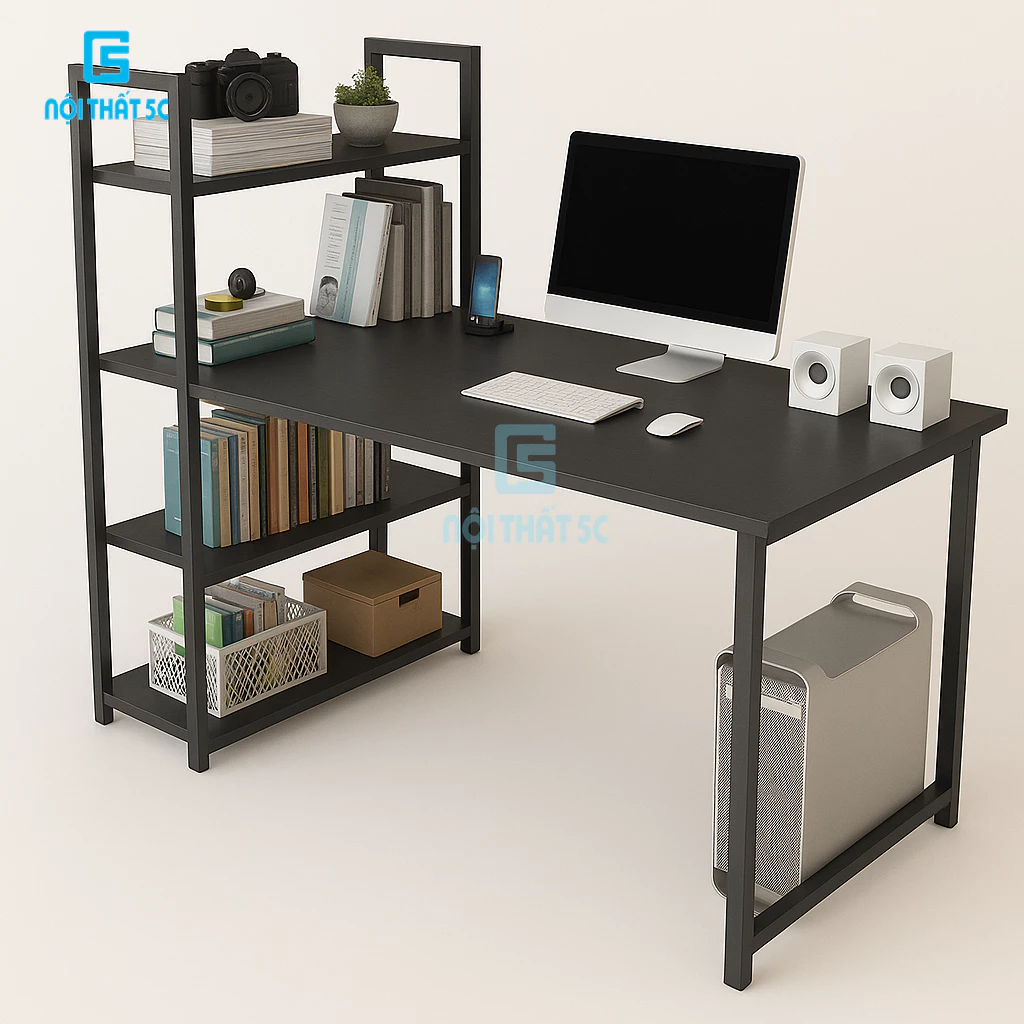 Bàn làm việc, bàn học Nội Thất 5C mặt bàn uốn cong thiết liền giá sách hiện đại, chân sắt sơn tĩnh điện, dễ dàng lắp ráp