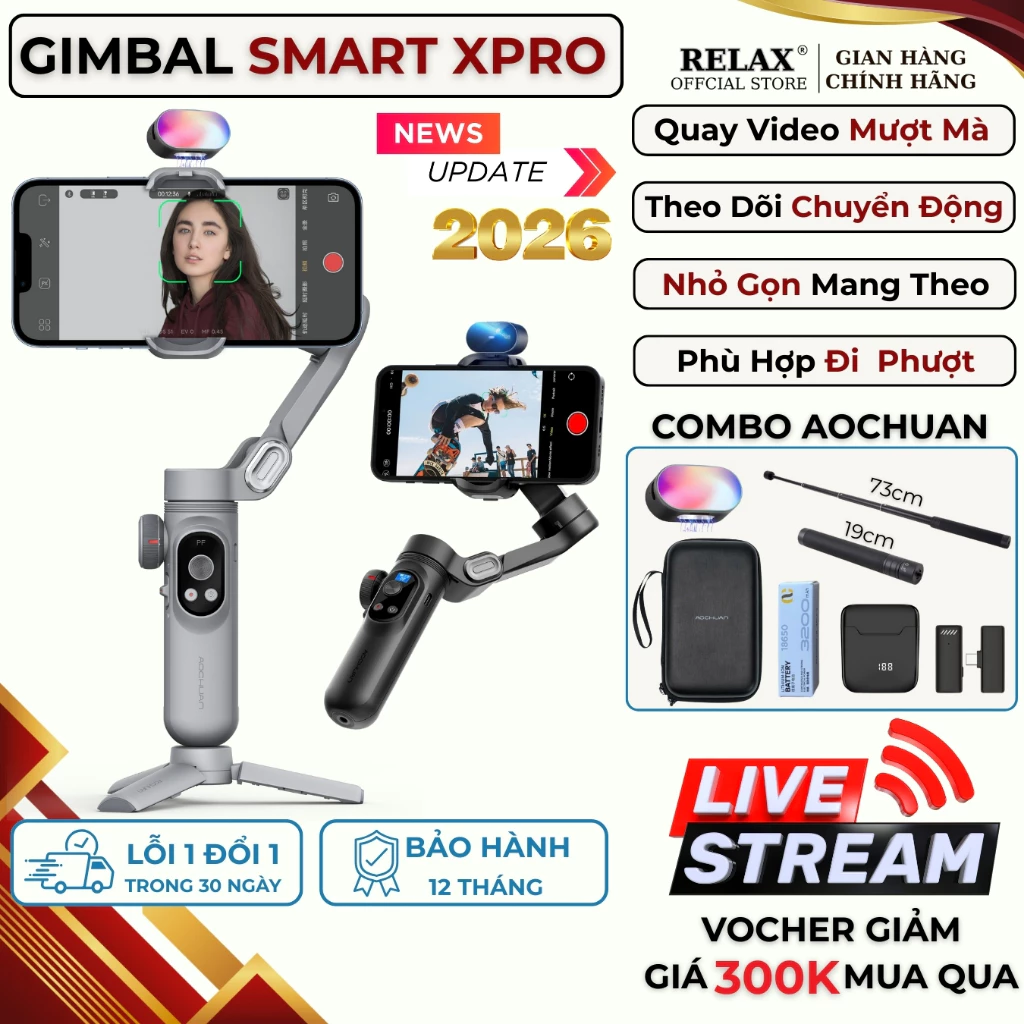 Gimbal SMART X PRO - Tích hợp sạc không dây - Pin 3200 mAh Gậy quay phim chống rung trang bị đèn led
