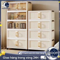 Moon Tủ Đựng Đồ Nếp Gấp Dung Tích Lớn Có Bánh Xe Tủ Đựng Quần Áo Đa Năng Kệ Lưu Trữ Phòng Bếp Nhựa