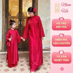 Set áo dài mẹ và bé gái Tân Xuân màu đỏ, chất liệu tơ tằm nhũ cao cấp, form áo đẹp, hiện đại
