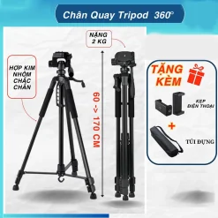 Chân Quay Máy Ảnh Điện Thoại Tripod 360° - Hỗ Trợ Dùng Điện Thoại Máy Ảnh - Hợp Kim Nhôm chắc chắn - Kích Thước 60-170cm