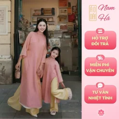 Set mẹ và bé Tân Xuân áo hồng quần vàng,chất liệu tơ tằm nhũ, áo dài mềm mại uyển chuyển